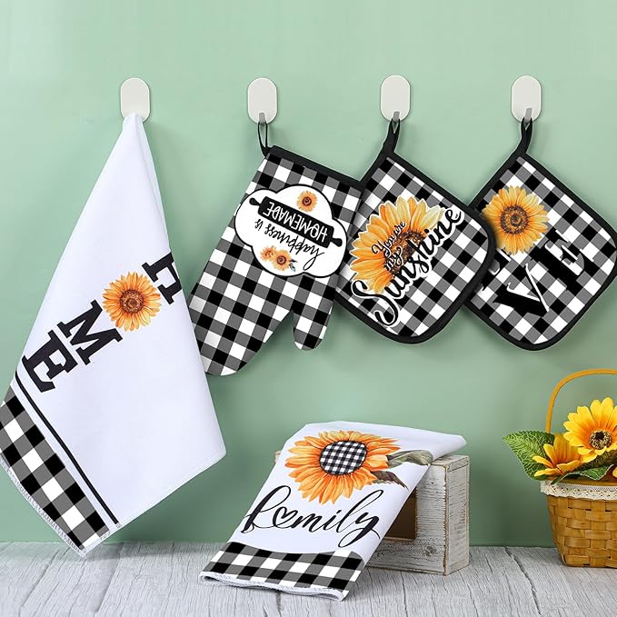 5 Pieces Buffalo Plaid Kitchen Towels Oven Mitts and Pot Holder Set Black and White Kitchen Towels Oven Gloves, Hot Pads Pot Holders for Farm House Accessories Decor(Sunflower)