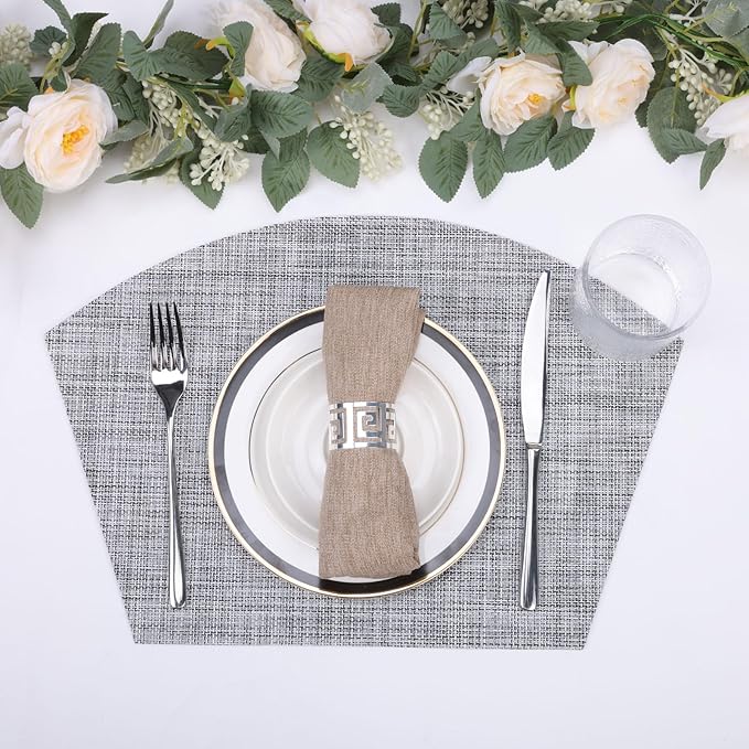 SHACOS Wedge Placemats Set of 4 Round Table Placemats Woven Vinyl Place Mats Non Slip Round Table Mats Wipe Clean, Gray White
