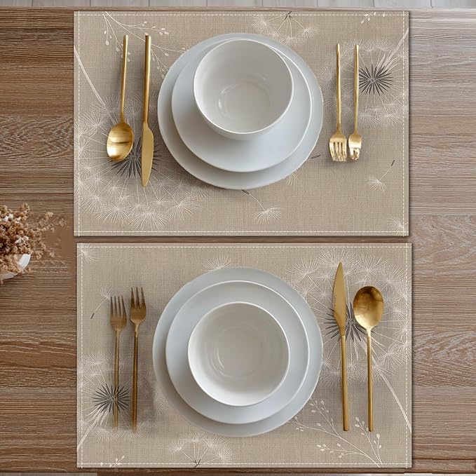 HOMETITUTE Dandelion Linen Placemats Set of 4 12x18 inch Spring Table Mats for Dining Table Farmhouse Decorations Kitchen Decor Desk Mat for Outdoor Home Party Kitchen Seasonal Dining Decor