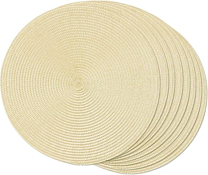 FunWheat Round Braided Placemats Set of 8 Place Mats for Dining Table Woven Washable Non-Slip Table Mats 15 Inch(Ivory,8pcs)