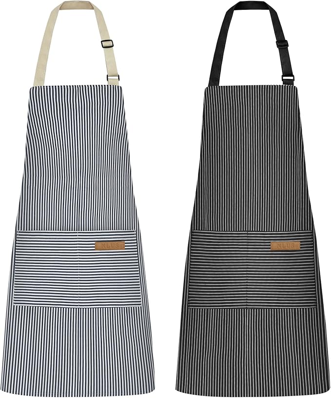 NLUS 2 Pcs Kitchen Cooking Aprons, Poly/Cotton Blend Adjustable Soft Bib Stripe Aprons with 2 Pockets for Women Men Chef (Blue Pinstripes/Black Pinstripes)