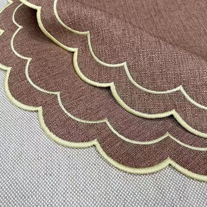 Linen Cotton Placemats Set of 4 Scalloped Flower Embroidery Place Mats 15'' Natural Linen Texture Fabric Machine Washable Table Mats for Restaurant Kitchen,Table Decor(Brown)
