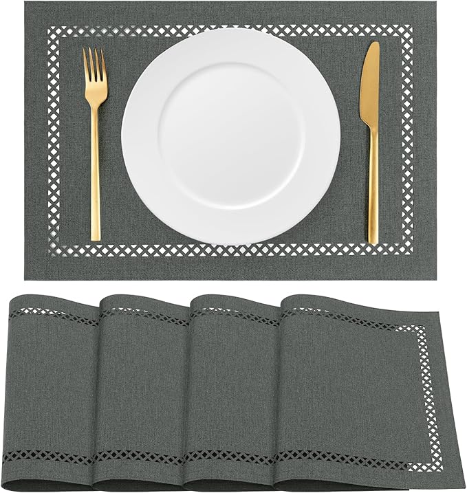 Linen Cloth Placemats Set of 4, HADEEONG 12 x 18 Inch Hollow Edge Place Mats Washable Heat Resistant Placemats Cloth Table Mats for Dining Table Home Decor (Dark Grey, 4)