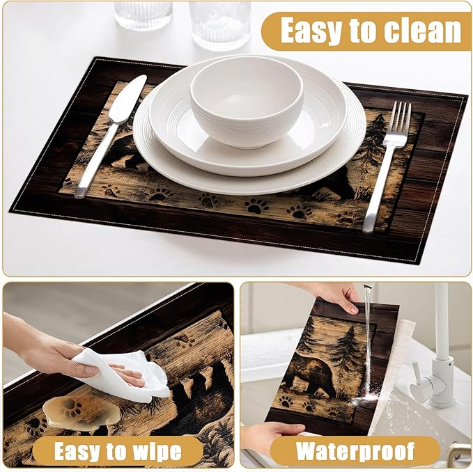 Brown Bear Pine Tree Placemats Set of 6, Wood Grain Linen Place Mat Washable Stain Resistant Table Mats for Farmhouse Kitchen Party 12x18 Inch