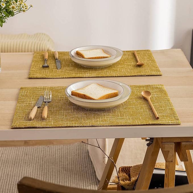 Kevin Textile Burlap Linen Placemats Set of 6 Heat Resistant Dining Table Place Mats Washable Kitchen Table Mats for Dinning Party Holiday Indoor Outdoor, 13 x19 inches, Honey Yellow
