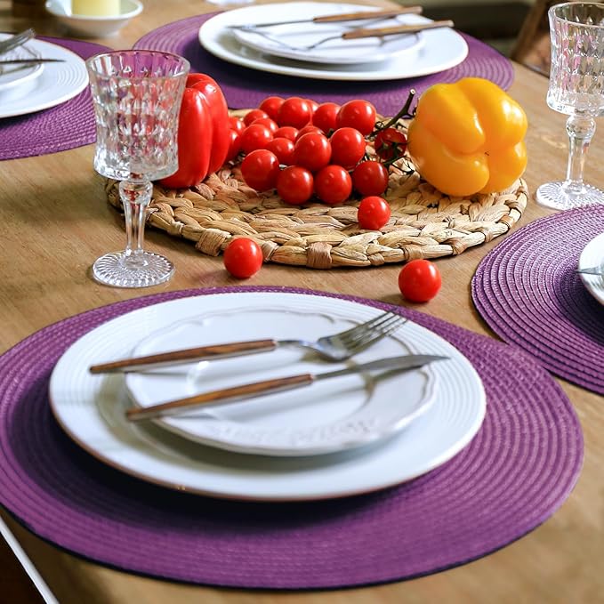 FunWheat Round Braided Placemats Set of 4 Table Mats for Dining Tables Woven Washable Non-Slip Place mats 15 inch(Purple,4pcs)