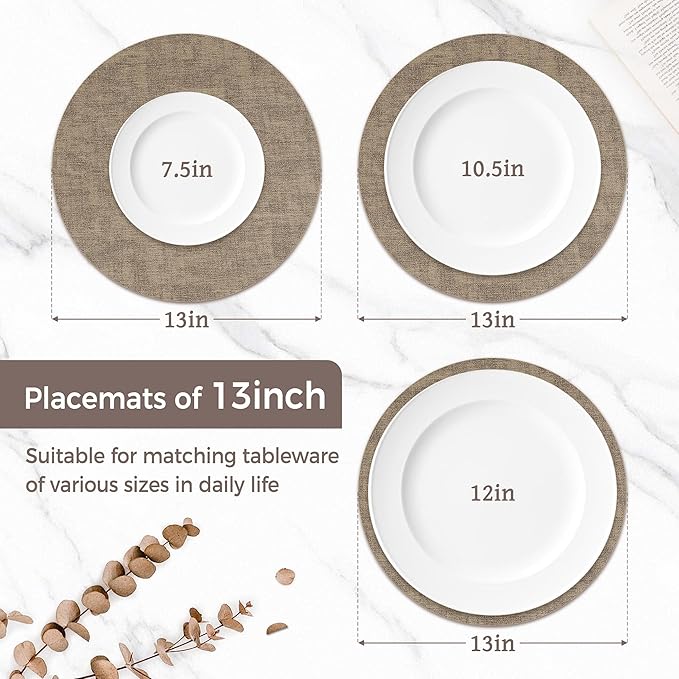 13" Round Placemats Set of 6, Reversible Faux Leather Heat Resistant Table Mats, Waterproof Oilproof Wipeable Table Protective Placemats for Vinyl, Washable for Indoor & Outdoor Use (6, Light Coffee)