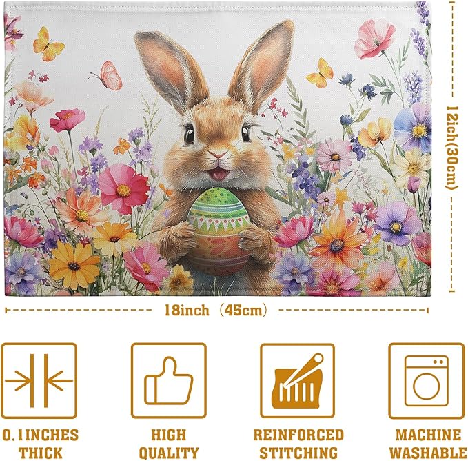 Easter Rabbit Placemats Set of 4 Spring Bunny Colorful Egg Wildflower Place Mat 12x18 Inch Seasonal Farmhouse Linen Fabric Table Mats for Kitchen Dining Outdoor Indoor Easter Party