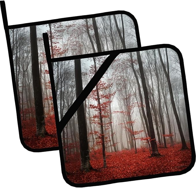 Red Mist Forest Pot Holders Set of 2,Kitchen Heat Resistant Potholder for Microwave Cooking Baking Oven and BBQ