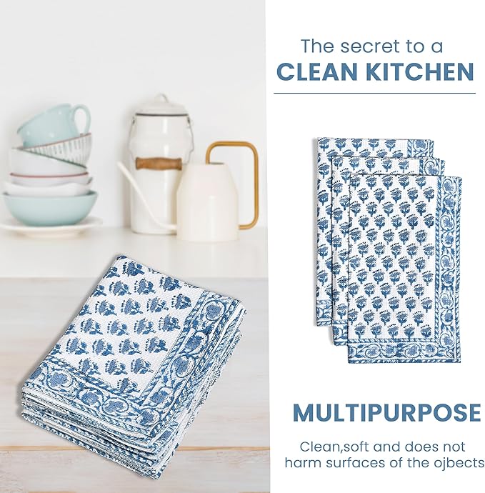 CPC Apatite Blue Hand Block Print Waffle Kitchen Towel Set of 3-16 x28 Ultra Absorbent Quick Dry Cotton Dish Towels Lightweight Reusable Sustainable Tea Towels for Cleaning and Drying