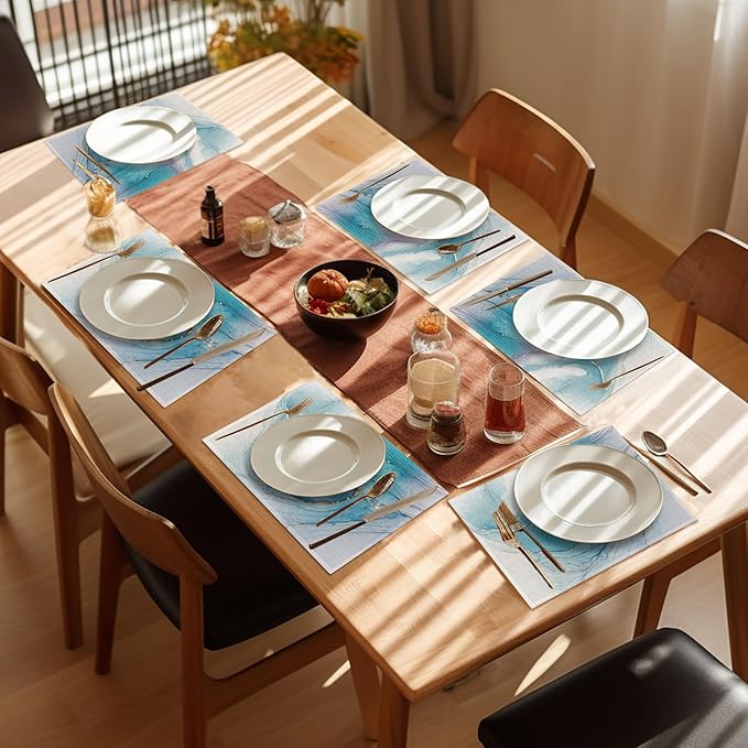 Teal Blue Placemats Set of 6,Washable Heat Resistant 12×18 Inch Linen Table Mats Marble Texture Place Mats for Party Outdoor Dining Décor