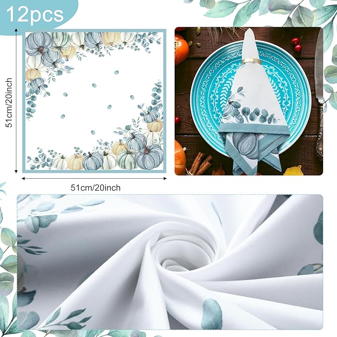 Qeeenar 12 Pcs Fall Cloth Napkin 20 x 20 Inch Blue Pumpkin Cloth Napkins Thanksgiving Autumn Harvest Pumpkin Buffalo Plaid Party Dinner Washable Decoration