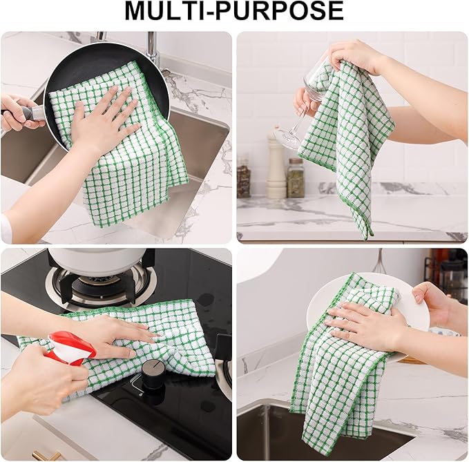 Kitinjoy Cotton 16 Pack Kitchen Towels and Dishcloths Sets, 16 x 25 Inch & 12 X 12 Inch Dish Towels Bulk, Super Soft and Absorbent Hand Towels for Kitchen Drying, Green