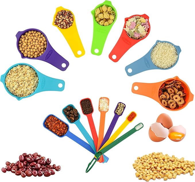 Measuring Cups and Spoons Set 15, 7 Plastic Measuring Cup Set, 7 Spice Long Handle Measuring Spoons with 1 Leveler for Kitchen and Baking, Dry Metric Measure Cups & Spoons Mixing Random Color