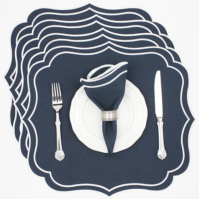 Cotton Linen Placemats Set of 4 - Double Layered, Machine Washable, Wrinkle Resistance, Scalloped & Embroidered Cloth Table Mats - Wedding, Indoor Mat, Giftable, 19 x 17 inch, Navy
