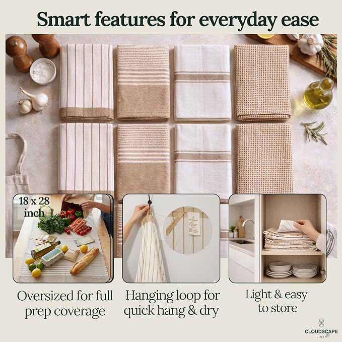 CLOUDSCAPE Kitchen Towels 12 Set 18”x28” Cotton Blended Hand Towels with Hanging Loop - Quick-Drying Dish Towels for Kitchen Essentials, Highly Absorbent, Dish Cloths Set for Washing Dishes - Beige