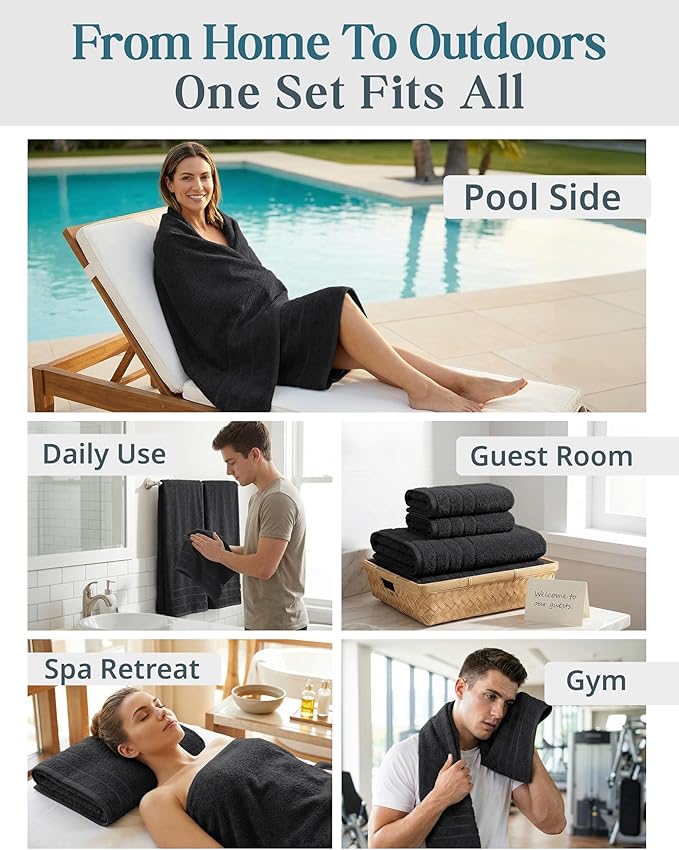 Casa Platino 100% Cotton Bath Towel Pack of 8 - Soft, Quick Dry & Highly Absorbent - 2 Bath, 4 Washcloths, 2 Hand Towels for Bathroom - Durable, Premium Quality & Ideal Gift for Him - Midnight Black