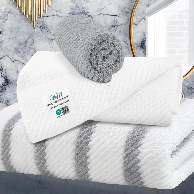 VOOVA & MOVAS Towel Set for Bathroom - 100% Cotton, Quick Dry, Thick, 3 Piece Towel Set, 1 Stripe Large Bath 30"x54",1 White Hand 18"x28",1 Grey Washcloth 13"x13",Dorm Room Essentials