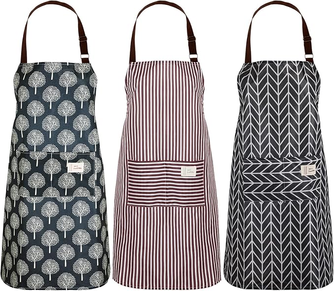 SATINIOR 3 Pieces Waterproof Bib Apron with 2 Pockets Adjustable Cooking Kitchen Apron for Women Men Chef BBQ Baking Cleaning