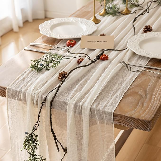 Keketoarrange 3pcs Ivory Gauze Rustic Cheesecloth Table Runner 120 Inch 10 FT for Wedding Baby Shower Bridal Shower Birthday Engagement Garden Outdoor Party Long Sheer Boho Decorations
