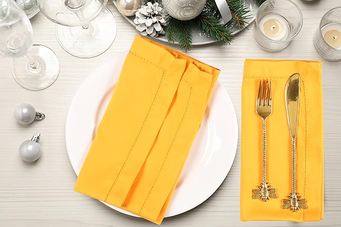 Cloth Dinner Napkin Set of 4 20x20 Inches - Mustard, Hemstitched Spring Premium Polyester Cloth Dinning Napkins Ideal for Kitchen, Wedding, Easter | Washable Durable BBQ Parties Napkin for Daily Use