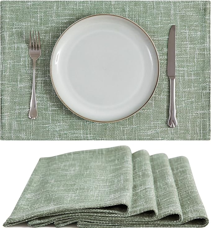 JINCHAN Burlap Textured Placemats Set of 4 Farmhouse Cloth Place Mats Table Mats Sturdy Fabric Placemats for Kitchen Dining Table Double Layer Heat Resistant Tablemats 13 x 19 Inch Green