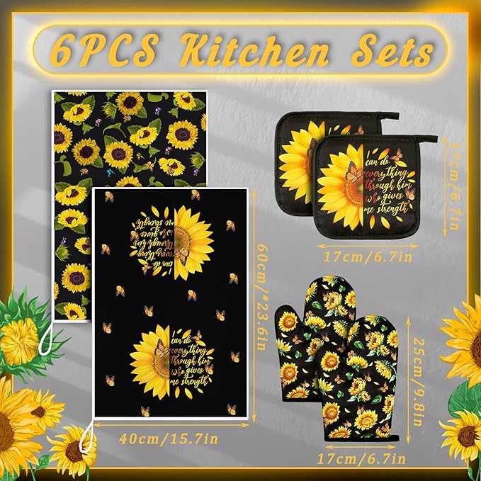 Bencailor 6 Pcs Spring Kitchen Decor Sunflower Pot Holders and Oven Mitts Sets Yellow Kitchen Towel 2 Farmhouse Cooking Mittens for Cooking Grilling Supply Accessories(Black,Sunflower)