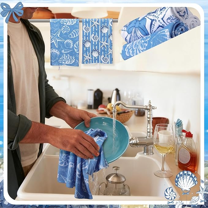 Breling Set of 6 Coastal Beach Kitchen Towels Blue Bow Dish Towel Bathroom Decorative Ocean Seashell Nautical Rustic Hand Cloths for Kitchen Bathroom Home Cooking Housewarming Gifts, 14 x 21 Inch