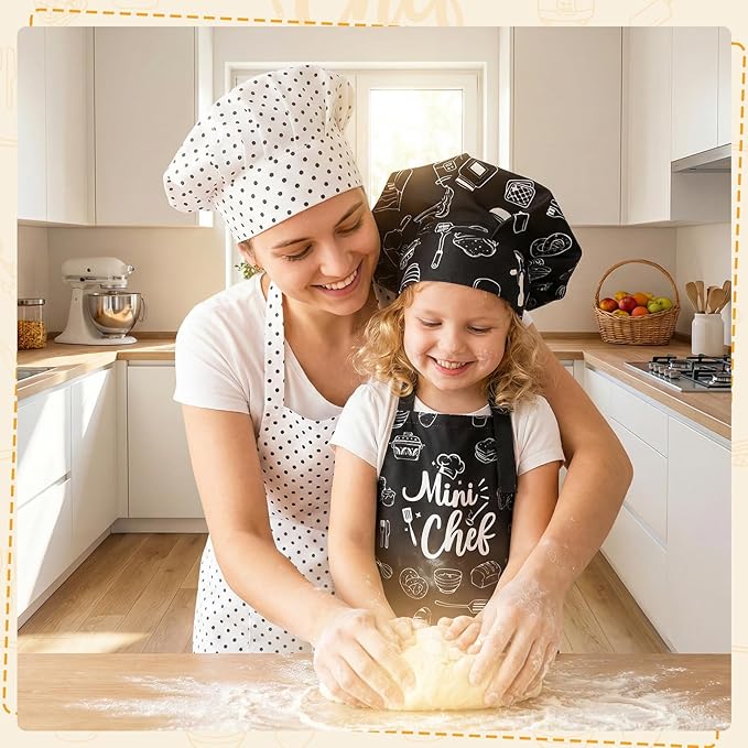 Kids Apron and Chef Hat Set, Funny Apron with 2 Pockets, Adjustable Kids Aprons for Cooking for Boys and Girls