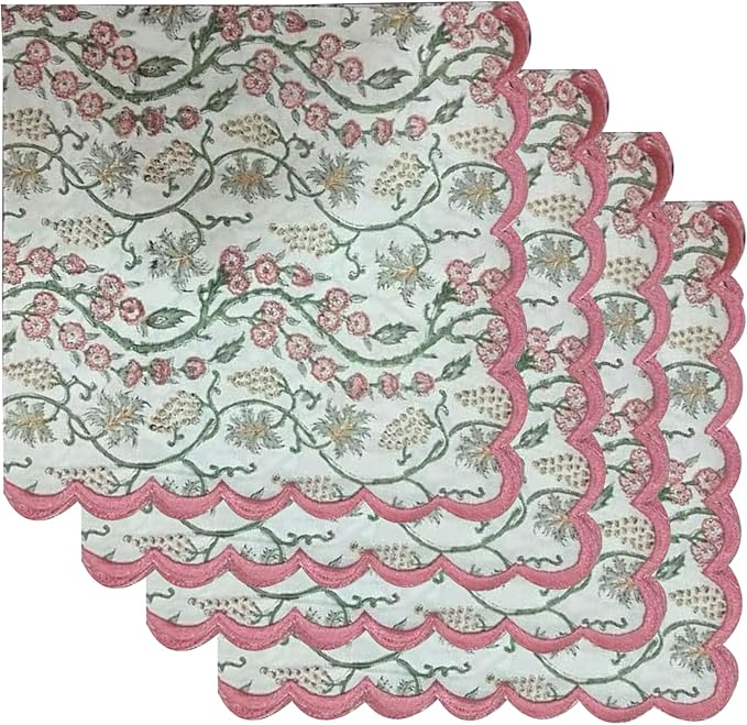 Ridhi Hand Block Print Coral Pink 18" x 18" (Set of 4) Embroidery Table Napkins Reusable Cotton Dinner Napkins for Weddings, Parties, Everyday Dining Gift for Spring, Easter, Valentine