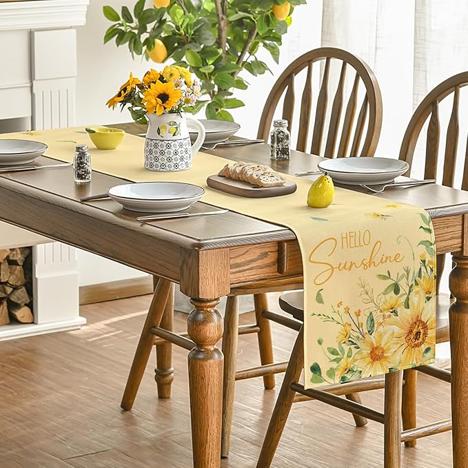 Artoid Mode Yellow Hello Sunshine Sunflower Eucalyptus Summer Table Runner, Seasonal Spring Kitchen Dining Table Decoration for Home Party Decor 13x72 Inch