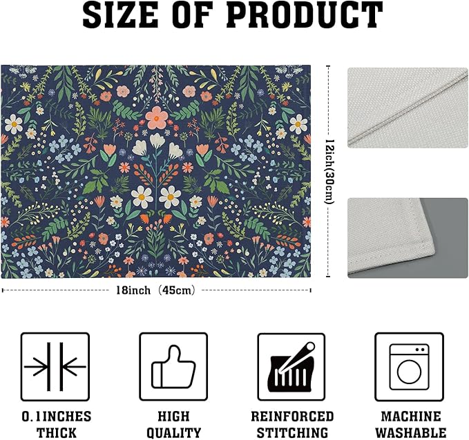 Giwawa Colorful Boho Flowers Placemats Set of 4 for Kitchen Dining, Navy Blue Rustic Floral Leaf Botanical Washable Linen Place Table Mat 12x18 Inches for Tabletop Seasonal Party Home Decor