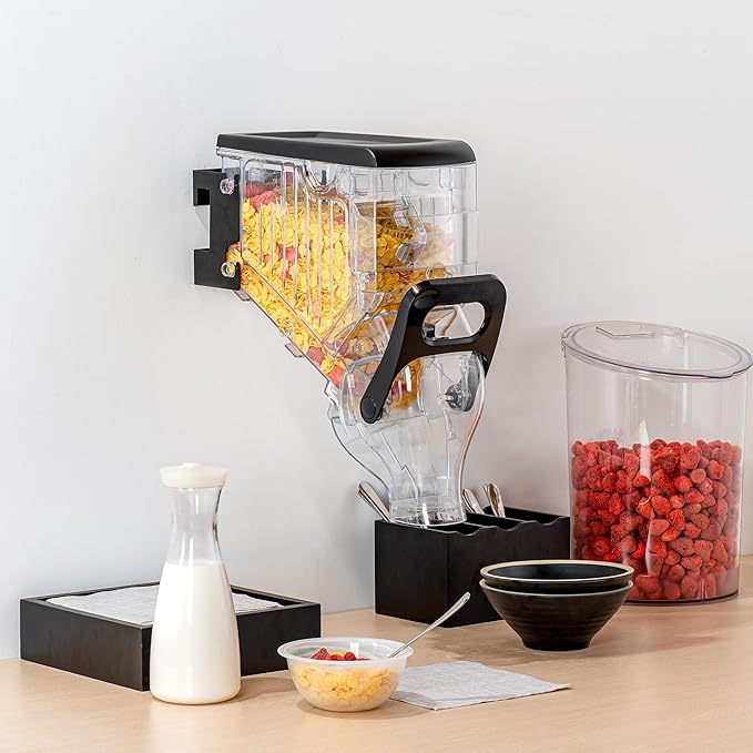 Restaurantware Cereal Dispenser 2 gal Plastic Wall-Mounted Gravity Bin Candy Dispenser Self-Serve Black Dry Food with Wall Mount Brackets for Breakfast Buffet or Hotel Use