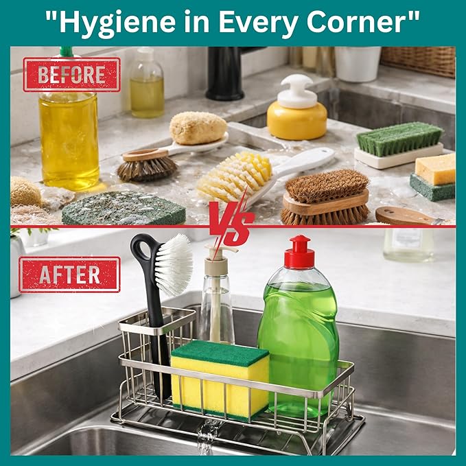 Sponge Holder for Kitchen Sink, Self-Draining Sink Caddy for Brush Dishcloth & Soap, Stainless Steel Kitchen Organizer for Countertop, Home Essential House Cleaning Supplies