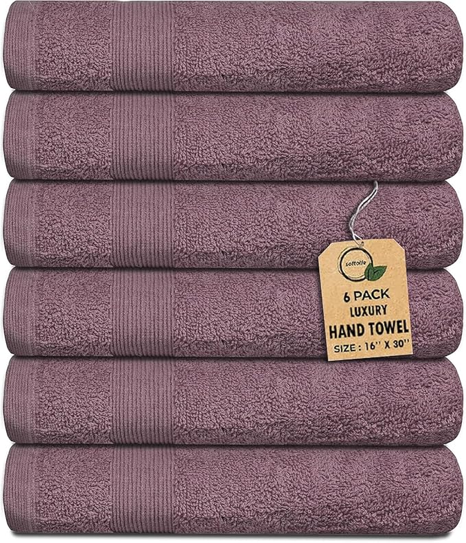 Premium Hand Towels Pack of 6 (16" x 30”) 100% Combed Ring Spun Cotton | Highly Absorbent Hand Towels Set | Ultra Soft for Home, Gym & Spa (Purple Ash)