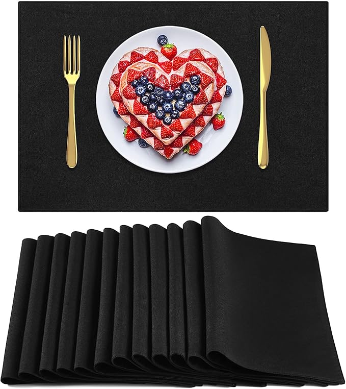Sieral 12 Set Cloth Placemats Rectangle Dining Table Placemat Bulk 13 x 19 Inch Machine Washable Heat Resistant Cotton Linen Table Mats for Wedding Birthday Party Supplies(Black)