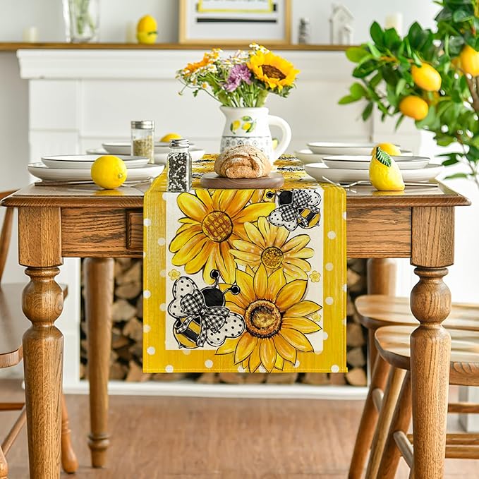 Artoid Mode Sunflower Bee Flower Polka Dot Summer Table Runner, Seasonal Kitchen Dining Table Decoration for Indoor Party Home 13x72 Inch