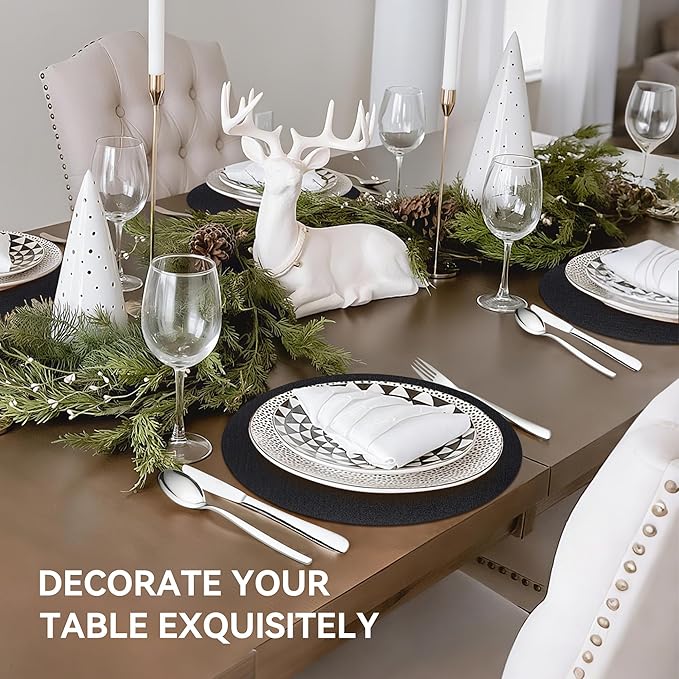 13" Round Placemats Set of 8, Reversible Faux Leather Heat Resistant Table Mats, 100% Waterproof Oilproof Wipeable Table Protective Placemats for Vinyl, Washable for Indoor (8, Black)
