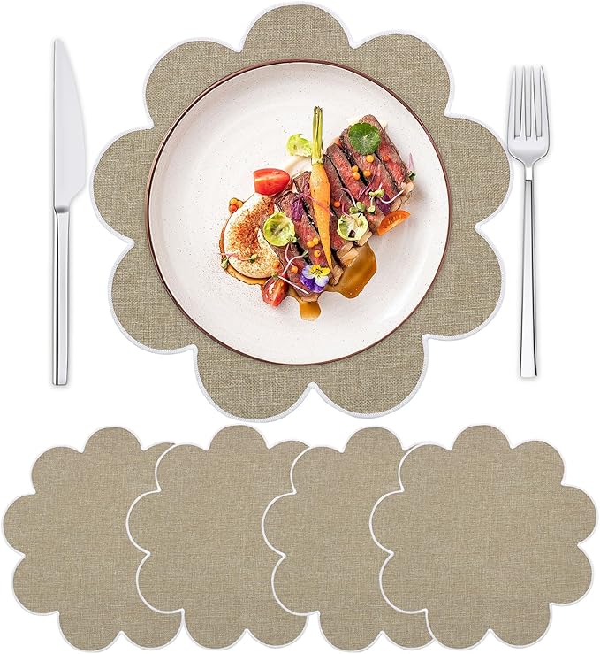 SK Studio Set of 4 Cotton Linen Placemats, 15x15 Round Scalloped Cloth Table Mats, Embroidery Double Layered Washable Dining Placemat for Hotel Restaurant Kitchen, Khaki