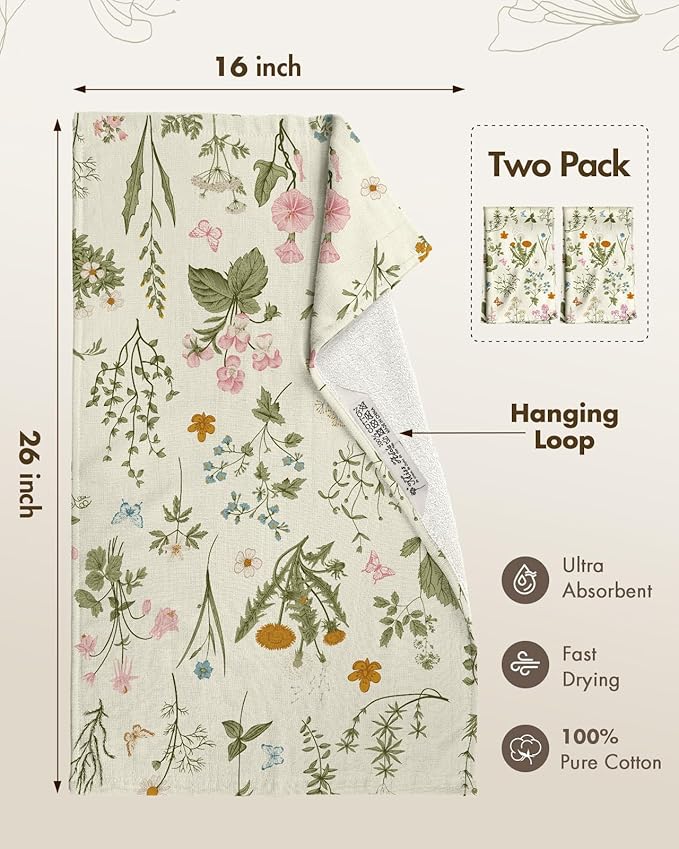 Miss Adola Cotton Kitchen Towels Set of 2 - Cute Design 16×26 Inch Dish Towels for Kitchen with Hanging Loop Line Flower Quick Dry Hand Towels Soft & Absorbent, Decorative Terry Cloth Tea Towels