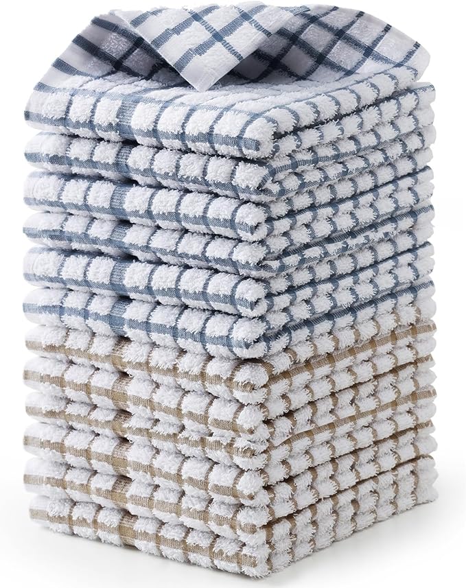 Egles 12 Packs Kitchen Dishcloths, 100% Cotton Grid Terry Dish Cloths 12" x 12" Ultra Soft Super Absorbent Dishrag Reusable Dishcloth, Multi-Purpose Quick Drying Hand Dish Towel Set with Hanging Loop