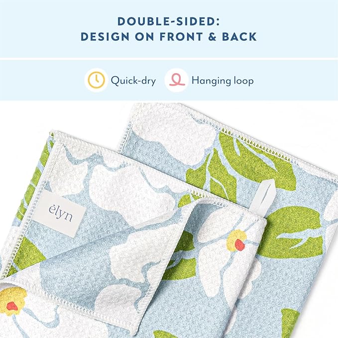ELYN Microfiber Kitchen Dish Towel Set, Quick-Dry & Absorbent Waffle Weave Cleaning Towels, Set of 4 Kitchen Towels, Paper Towels Alternative (Painterly Floral & Grid)