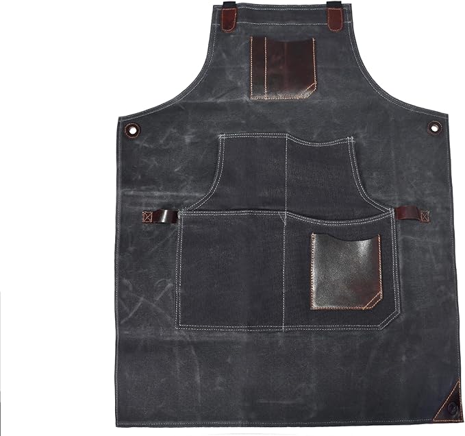 One Size Fits Utility Apron | Adjustable Cross-Back Straps | Multi-Use Shop Apron With Tool Pockets By Aaron Leather Goods (Grey, Canvas Leather)