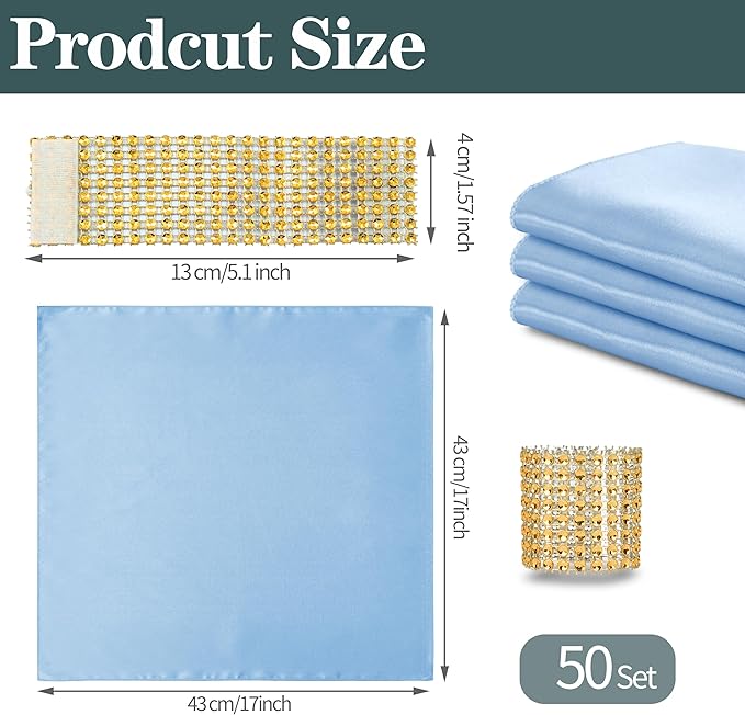 RUDONG M 100 Pcs Light Blue Satin Napkins and Napkin Rings Set, 17 x 17 Inch Square Cloth Napkins Set of 50, Silky Soft Table Napkins Bulk for Weddings, Banquet, Parties Dinner Decoration