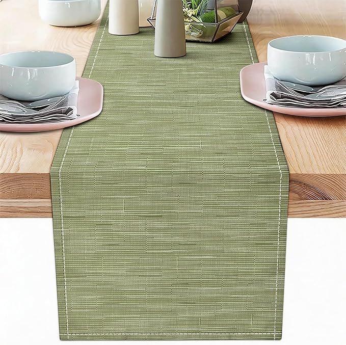 Niviy Green Boho Table Runner, 12x72 Inch Washable Easy to Clean Farmhouse Sage Green Table Runners for Holiday Party Kitchen Dining Room Decoration