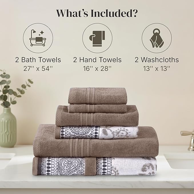 Modern Threads Floral Trail 6-Piece 100% Cotton Towel Set – Reversible Yarn Dyed Jacquard – Includes 2 Bath Towels, 2 Hand Towels, 2 Washcloths – Absorbent, Quick Dry, Soft & Durable – Taupe Brown