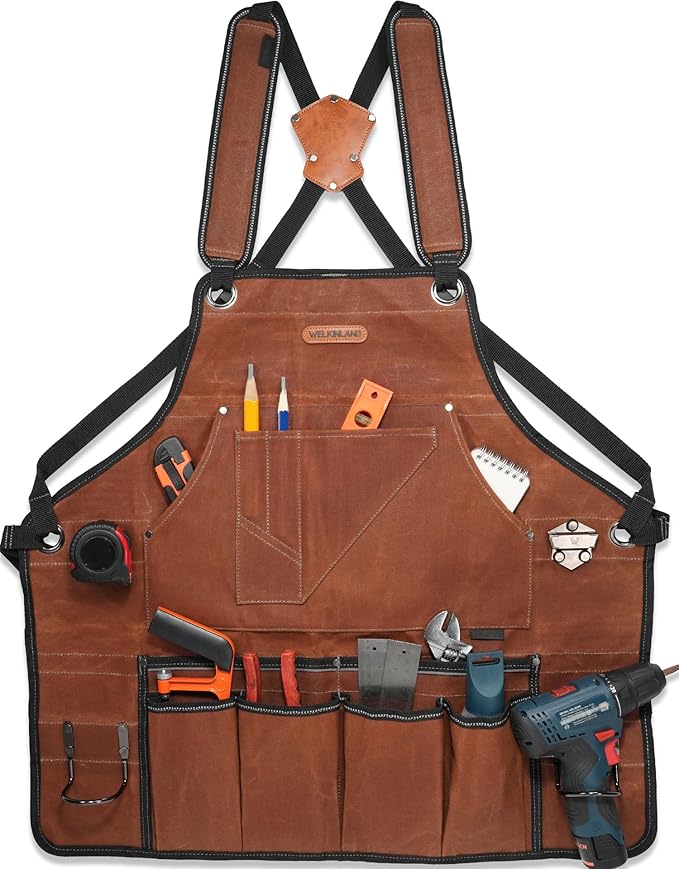 WELKINLAND 11-Pockets Waxed-Canvas Tool Apron, Heavy-Duty Carpenter Apron, Comfy Woodworking Apron, Convenient Workshop Apron, Fully-Adjustable Shop Aprons For Men, Well-Padded Work Aprons For Men