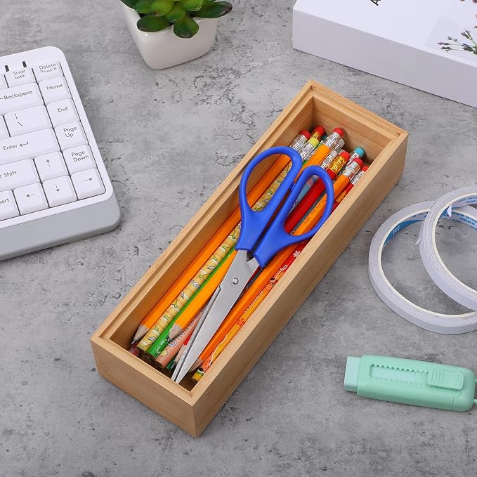 6 Pieces Bamboo Drawer Organizer, Stackable Wooden Storage Boxes for Kitchen Utensils, Silverware Tray, Junk Drawer, Dresser, Bathroom, 9 x 3 x 2 Inch