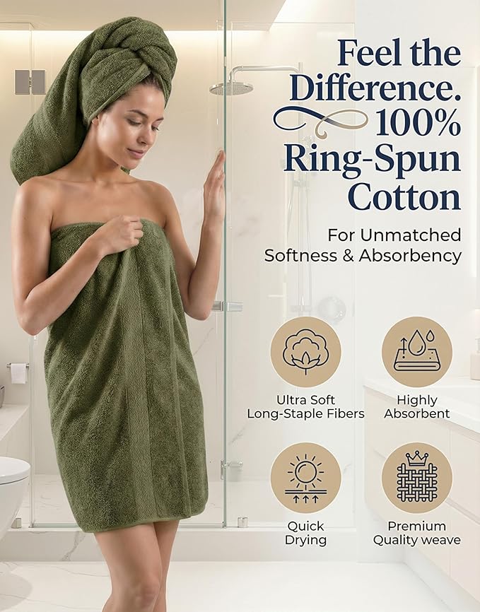 LANE LINEN Cotton Towels for Bathroom - 24 PCs - Highly Absorbent, Durable & Soft - 4 Bath, 4 Fingertip, 6 Hand Towels, 8 Washcloths, 2 Bath Sheets - Family Bundle Pack - Oil Green