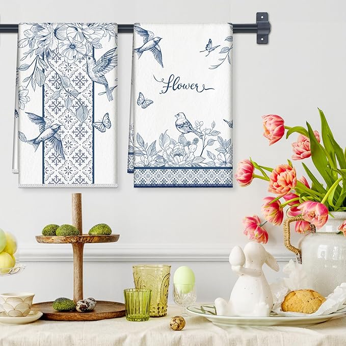 Vintage Bird Floral Microfiber Kitchen Towels, Soft Absorbent Hand Towel 15.7 × 23.6 inch, Thick Dish Cloth for Party Anniversary Holiday Decoration, Housewarming Gifts for Mom